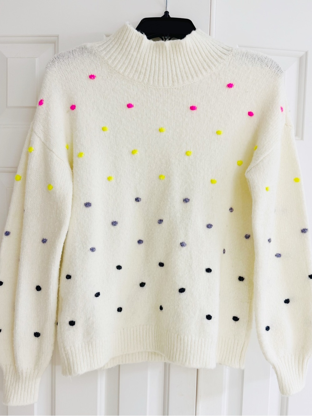 LOFT Cream Polka Dot Mock Neck Sweater with Neon Accents